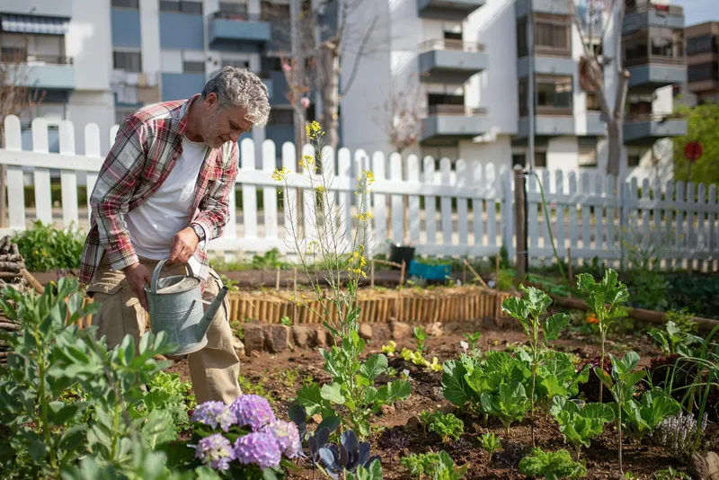A photo of a retiree gardening